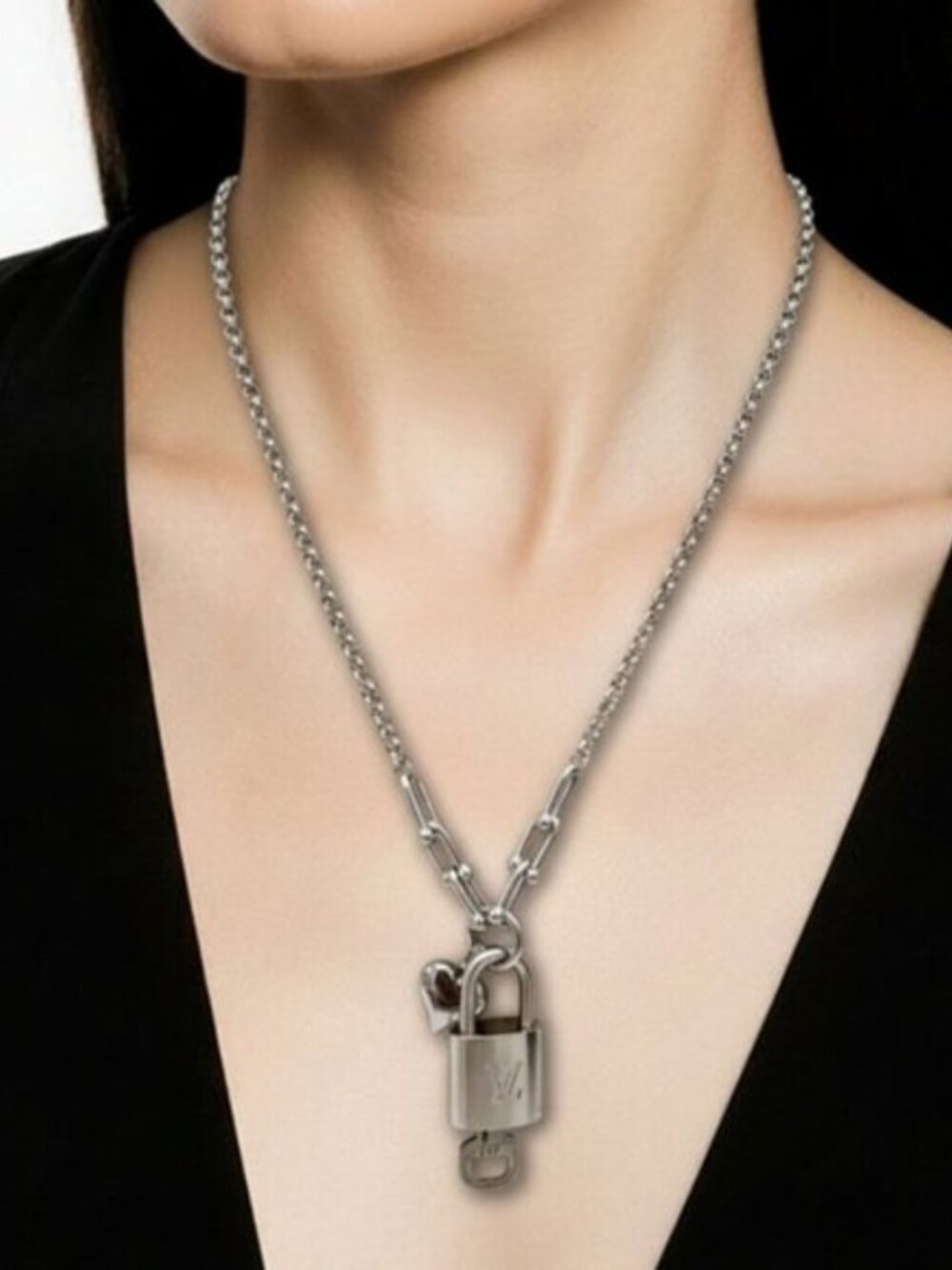 Stainless Steel Silver-Plated Necklace with Authentic Louis Vuitton Padlock